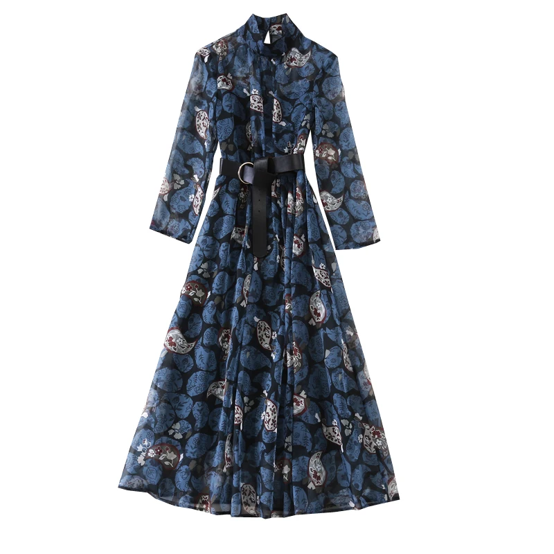 

JCHB 2021 Spring new stand collar long sleeve fashion temperament printing medium length slim dress with belt 21