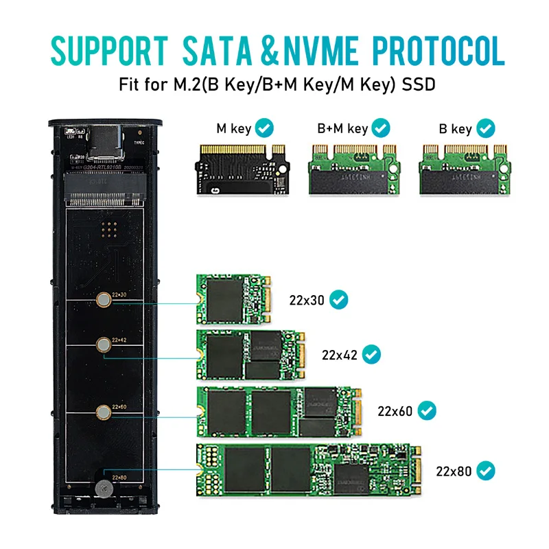 M.2 NVMe SSD Enclosure 10Gbps Dual Protocol M2 Case PCIE/ NGFF SATA Box with OTG Adapter for RTL9210B | Компьютеры и офис