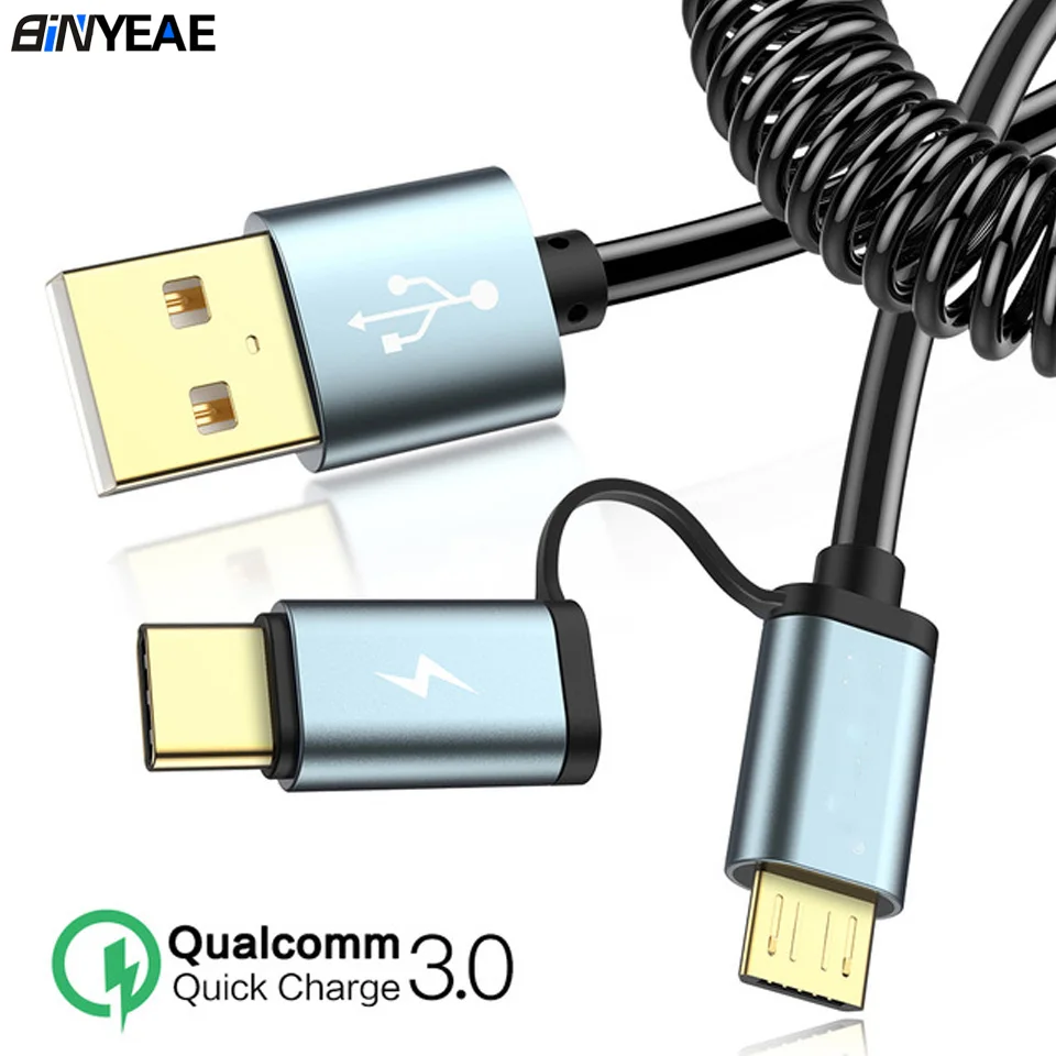 USB кабель для передачи данных 2 в 1 портативный с пружиной Micro Тип C быстрая зарядка