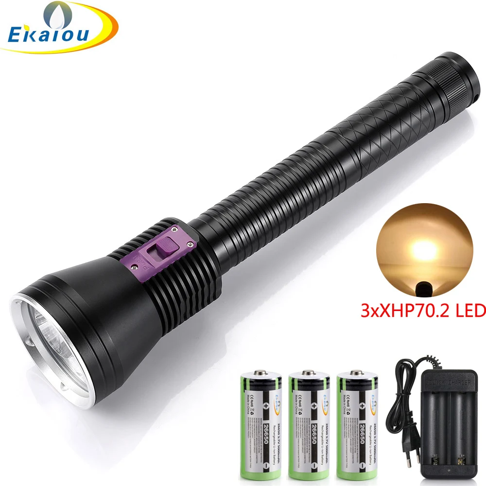 

Dive Torch 3xXHP70.2 Yellow Light LED Super Bright Underwater Waterproof 100 Meters Diving Fish Ligh With 26650 Battery Charger