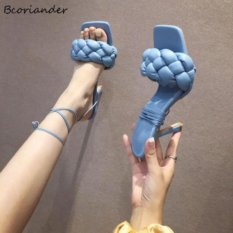 

Туфли-лодочки женские с открытым носком, пикантные сандалии с перекрестными ремешками, высокий каблук, плетеные тапочки, летняя обувь для о...