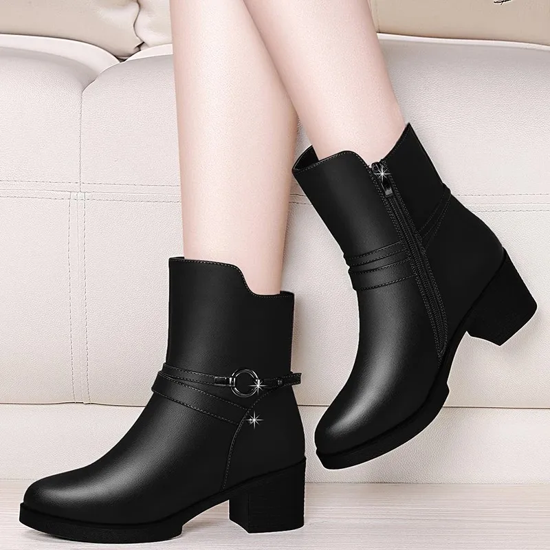 Elegant Women's Ankle Boots Leather Short Boot Lady Winter High Heel Shoes Wedding Party Formal Dress Shoes England Style 2021