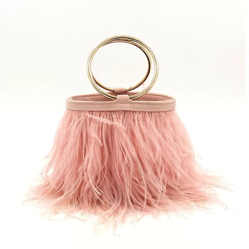 Luxury Real Ostrich Feathers bucket bag Handbag Evening Bags Women's Pink Green Diamond Clutch Party Messenger Bag For Ladies | Багаж и