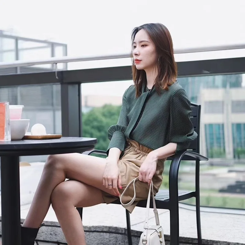 

shirt New Green silk check British Plaid silk shirt women s long sleeve shirt tie chiffon shirt ol style