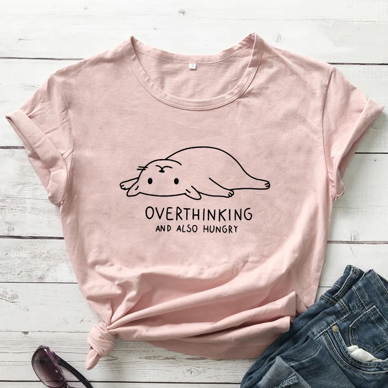 peach-black text Overthinking и также голод принт с милой кошкой Футболка женская Tumblr с графикой для хипстеров повседневные футболки топы летние Harajuku Забавные футболки - Цвет: peach-black text