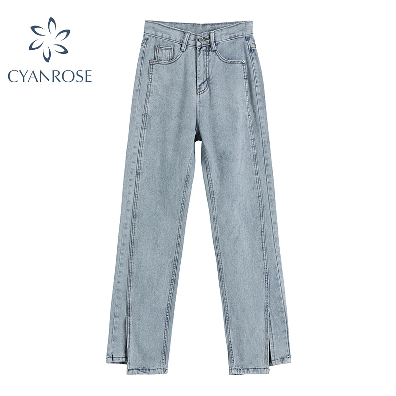 

High Waist Jeans For Women Vintage Long Denim Pants Female All-match Korean Style Vintage Casua Solid Denim Straight Trousers