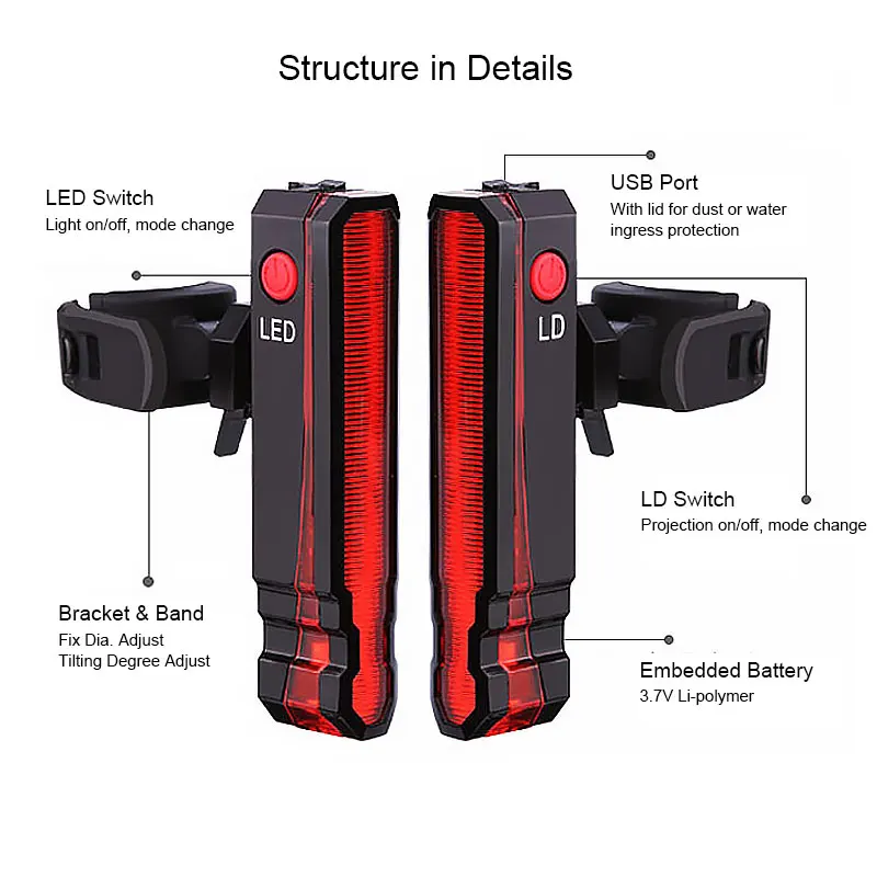 Задний светильник для велосипеда визуПредупреждение ющий светодиодный с
