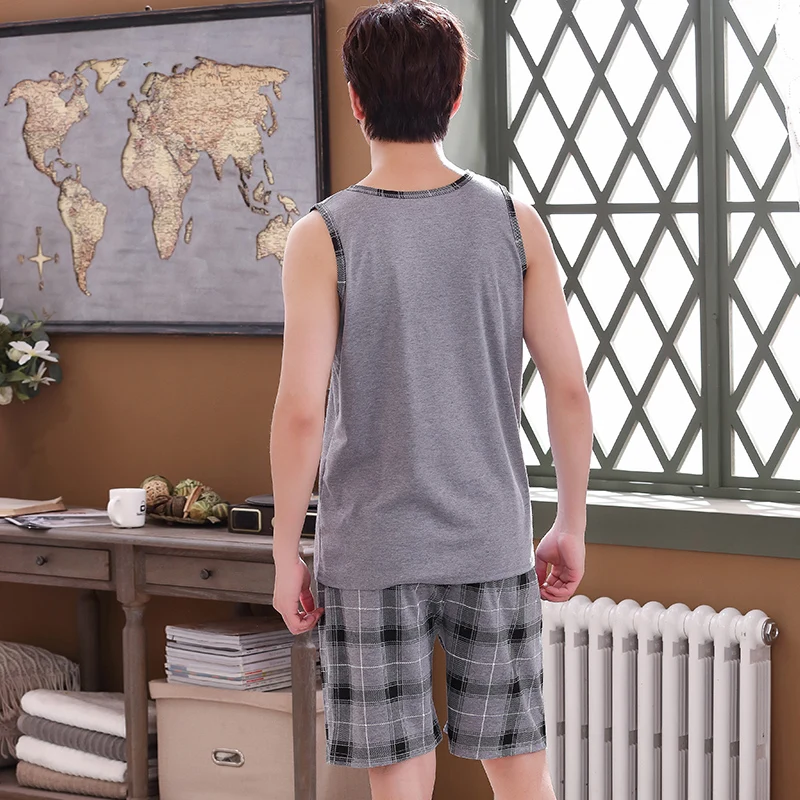 Мужская пижама из 100% хлопка Серая майка + клетчатые шорты пижамный комплект для
