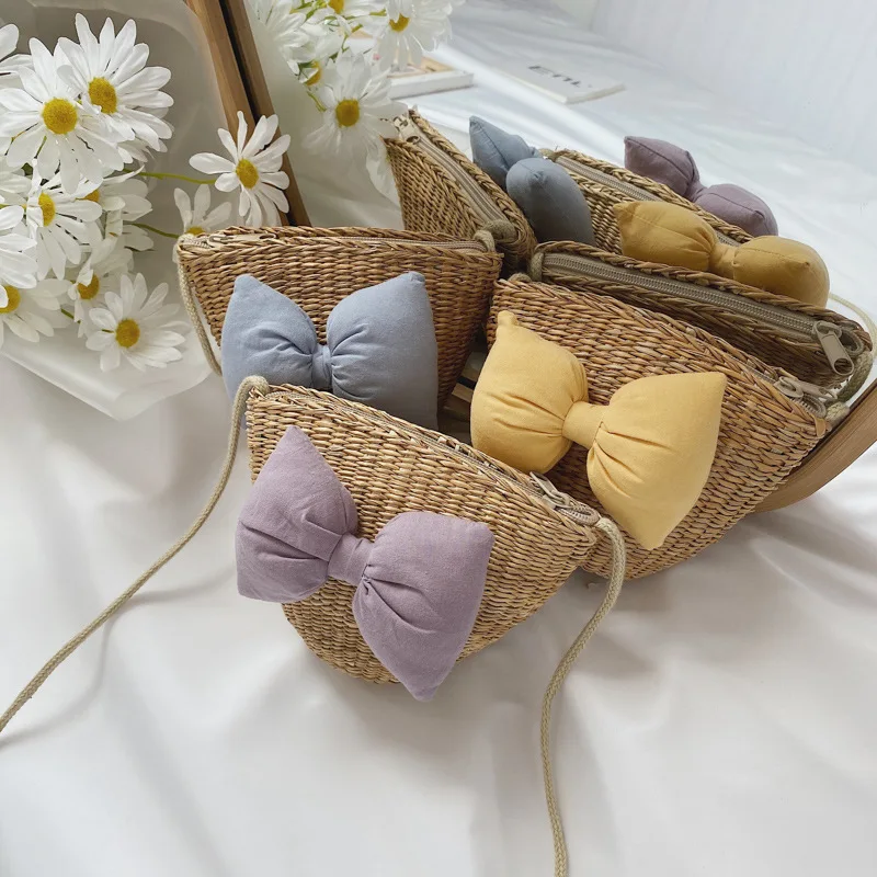

Super Cute Handmade Straw Bag Purses Handbags Straw Bucket Bags With Bow Hollow Zipper Crossbody Bag Shoulder Woven Rattan Bag