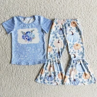 wholesale baby girls thanksgiving clothes pumpkin blue shirt bell bottomed pants boutique infant outfit fall children clothing
