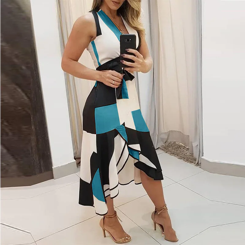 

Women V-neck Sleeveless Contrast Color Printed Dress Dresses for Women Sexy Dress Women Long Dress Maxi Dresses for Women