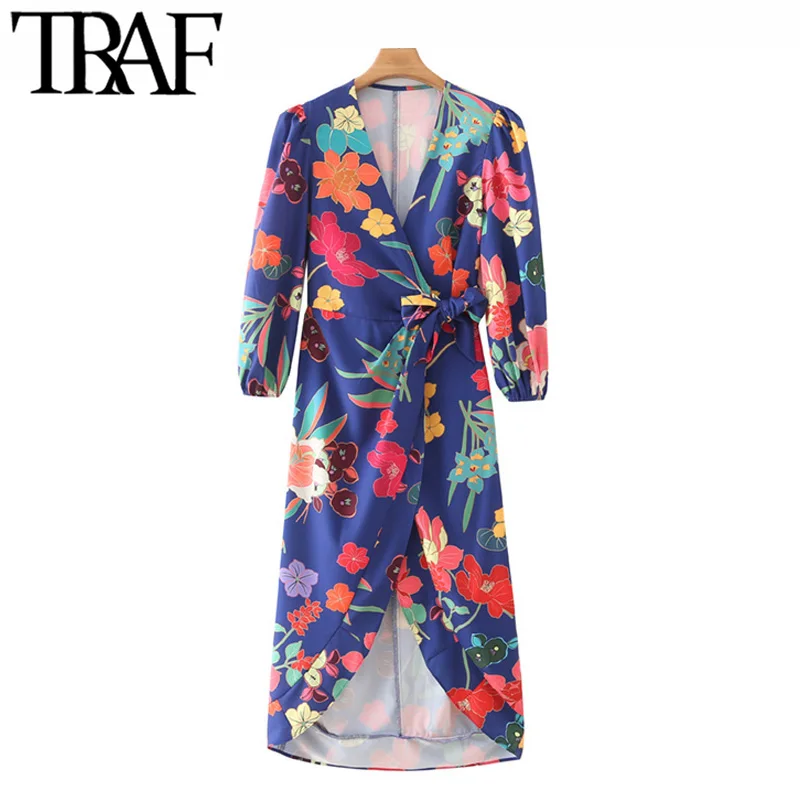 

Женское винтажное платье-миди TRAF, с завязывающимся цветочным принтом, V-образным вырезом и рукавом три четверти