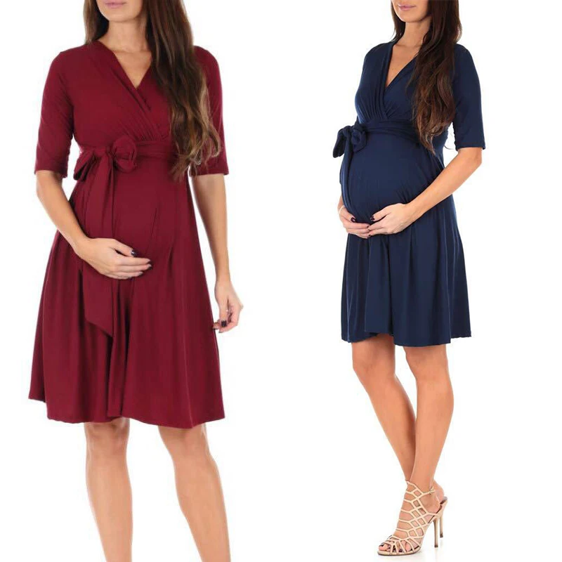 

V-Neck Maternity Breastfeeding Dress Pregnant Women's Skirt Nursing Dress Solid Color Clothes