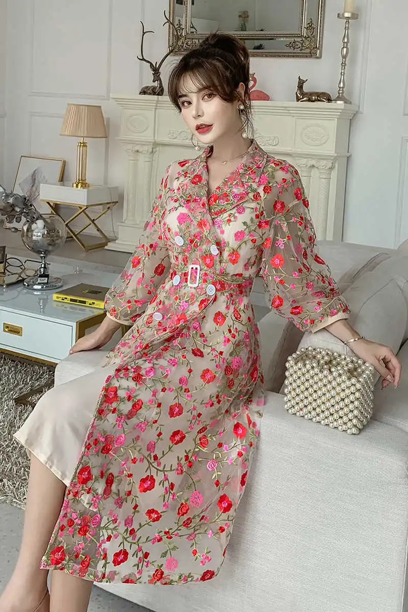 

Autumn Party Long Sleeve Boho 2021 Embridery High Waist Dresses Women Dress Elegant Runway Luxury Spring Vintage Lace A-Line