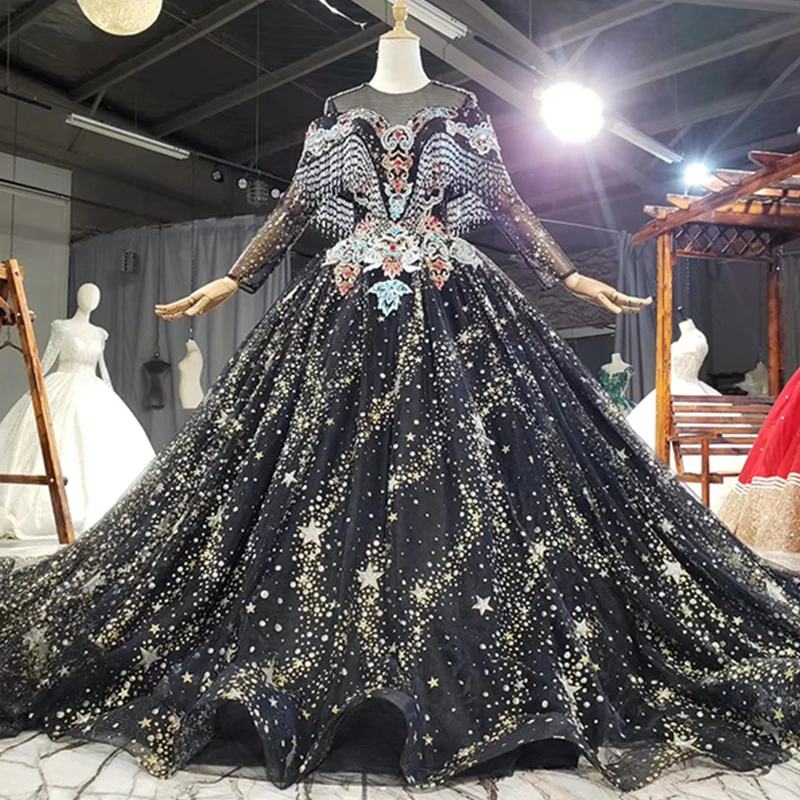 

New Design Prom Dress Luxurious Colored Gems Appliques Tassel Beading Crystal Quinceanera Dresses 2021 Long Sleeves