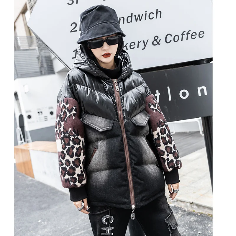 Женские модные джинсовые парки в стиле панк с леопардовым принтом коллекция