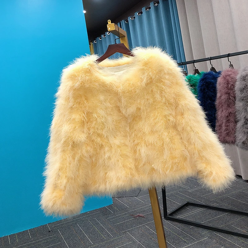 Real Fur Coat Women Fashion Fur Coats Winter Real Ostrich Fur Jackets Natural Turkey Feather Fluffy Outerwear Lady C418-1