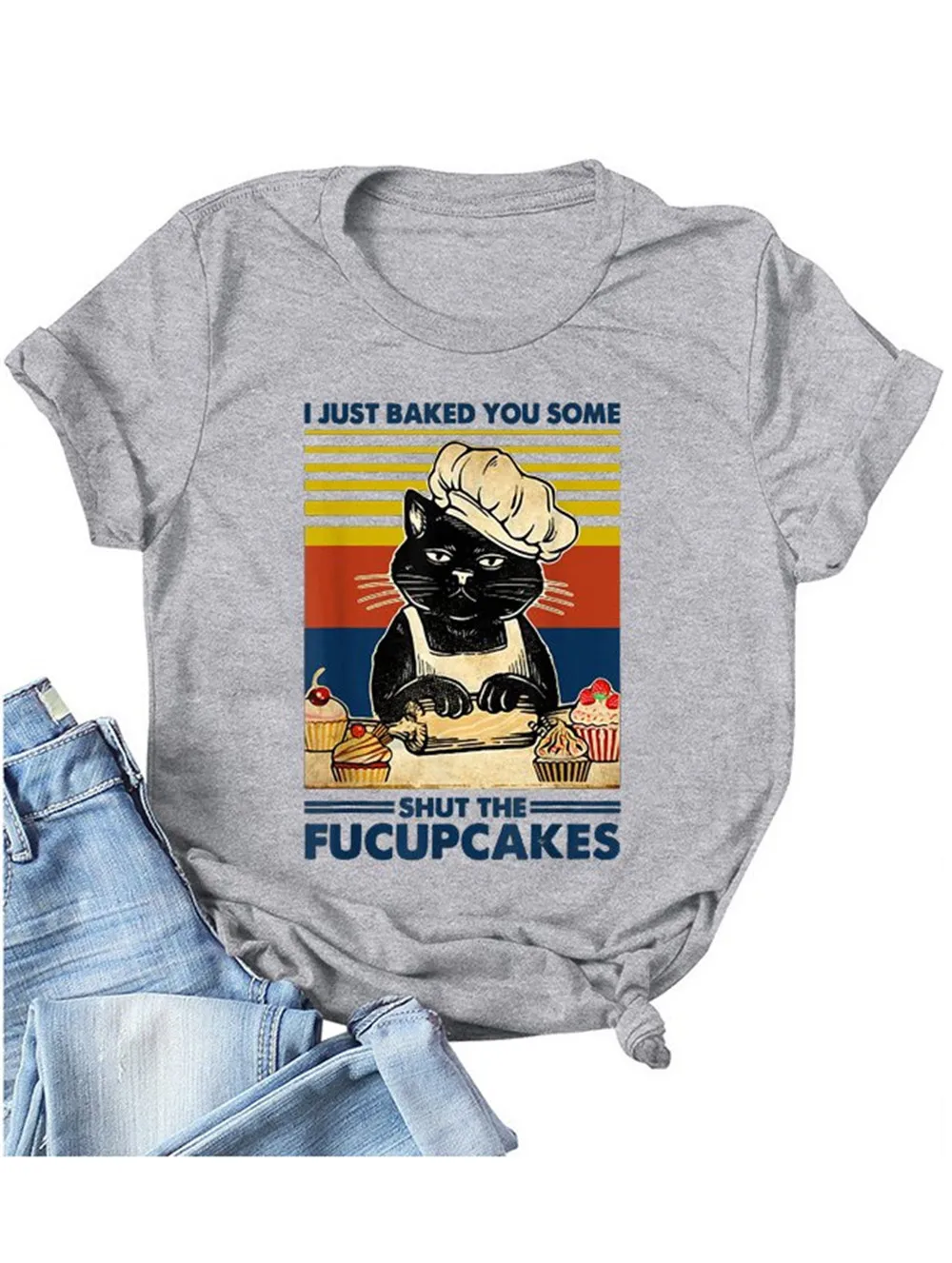 Vintage Cat Housewife T Shirt Women I Just Baked You Some Shut The Fucupcakes Print Short Sleeve Summer Tshirts Novelty Tops Te