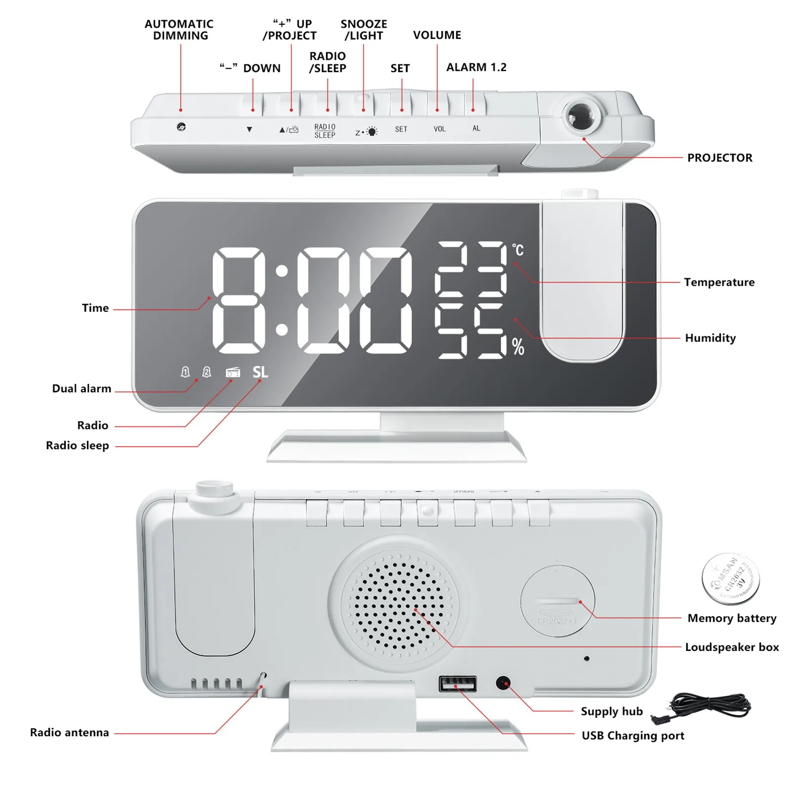 

2021 New LED Digital Alarm Clock HD Projection With Temperature/humidity Display Radio Function USB Mirror Bedside Clock