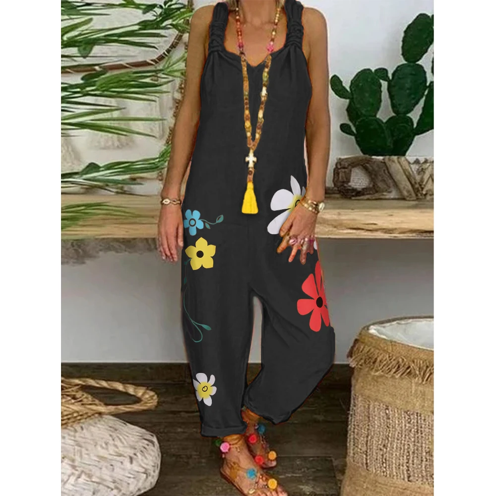 

Littlerossa Flower Print Linen Cotton Jumpsuit Women Loose Plus Size Sleeveless Overalls Lace Up Strappy Long Romper Playsuit