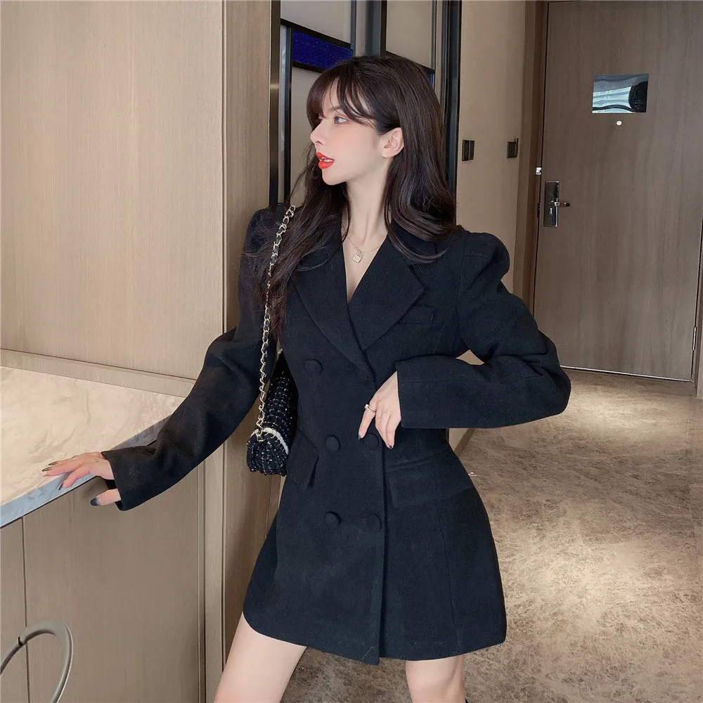 

Suofun Slim A-Line 2021 New Fahsion Women Woolen Suit A-line Khaki Double Breasted With Button Elegant Knee-Length Spring Dress