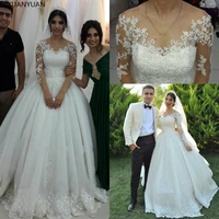long sleeves wedding dresses ball gown jewel neck lace appliques beaded button sweep train plus size bridal gowns
