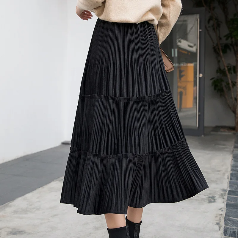 

Velvet High Waist Pleated Skirt Women Fashion Autumn Winter Long Skirts Party Khaki Maxi Casual Skirt Streetwear Clothing