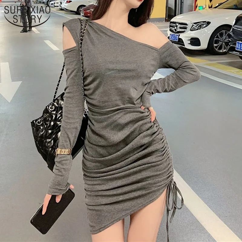 

2021 Spring Long Sleeve Mini Off-shoulder Dresses New Black Gray Sexy Strapless Bottoming Dress Autumn Elegant Vestidos 12566