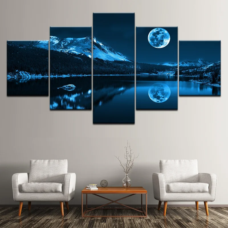 

5Pcs Modern Landscape Wall Art Decoration Painting Canvas Moon Reflection Snow Mountain Night Scene Painting Hd Printing Poster