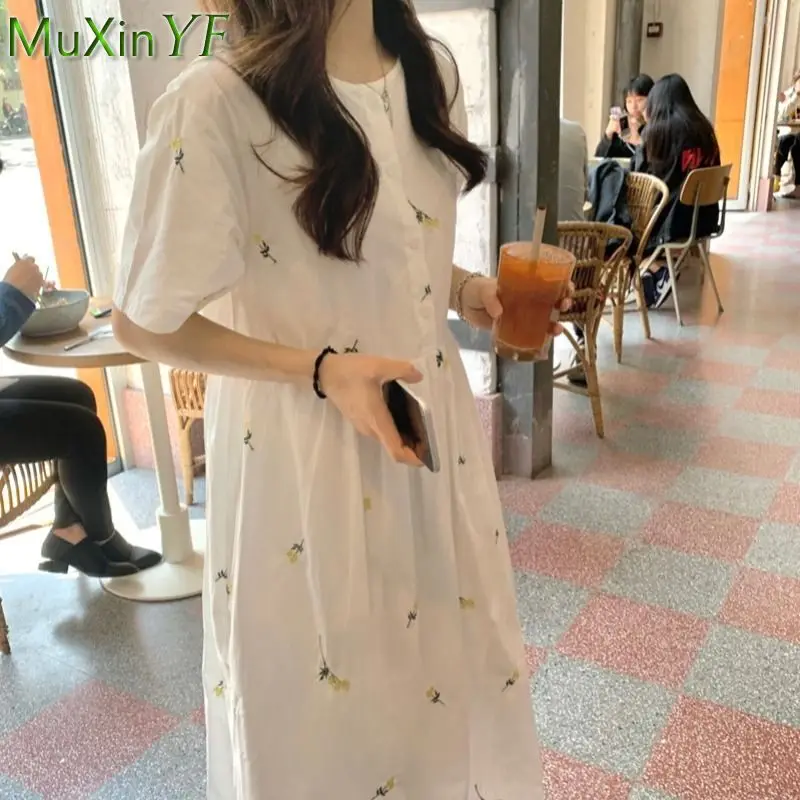 

Summer White Dress Women 2021 New Embroidery Floral Midi Skirt Female Short Sleeve Loose Cute Sweet Light Dresses Sexy Sundress