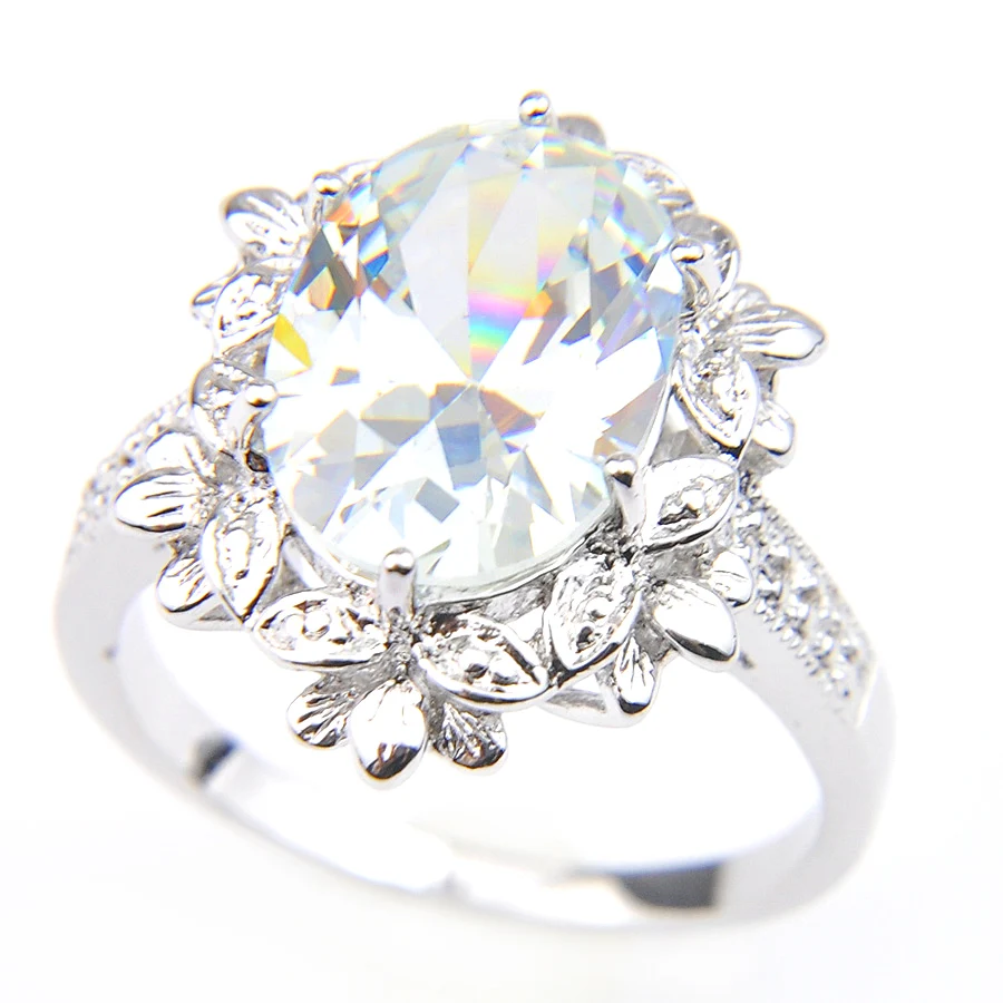 

Luckyshine 925 Silver Decorative Border Rings for Women Oval Gems Zircon Flower Ring Weddings Jewelry Gift For