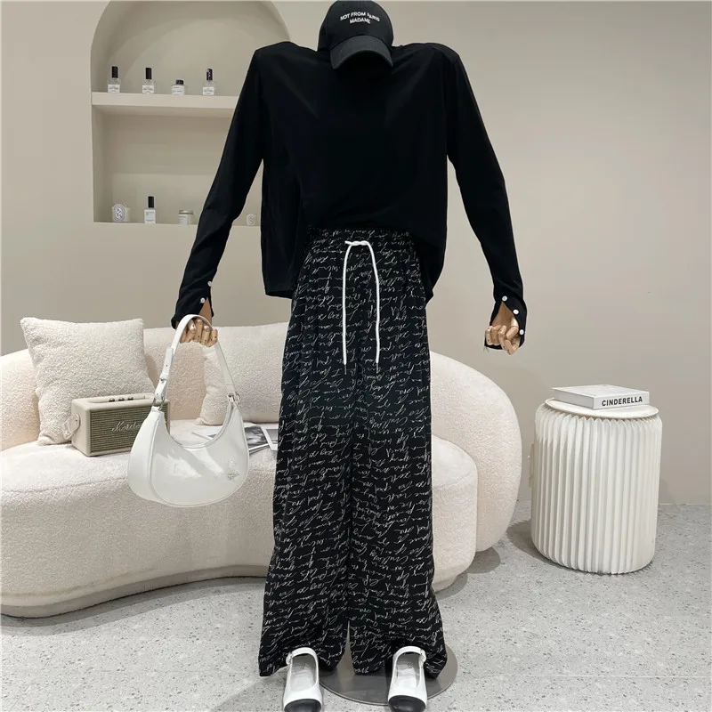 

Women's Spring 2021 Niche Design Fashion Loose High Waist Wide Leg Casual Pants Floor Pants Letter Printed Sweatpants