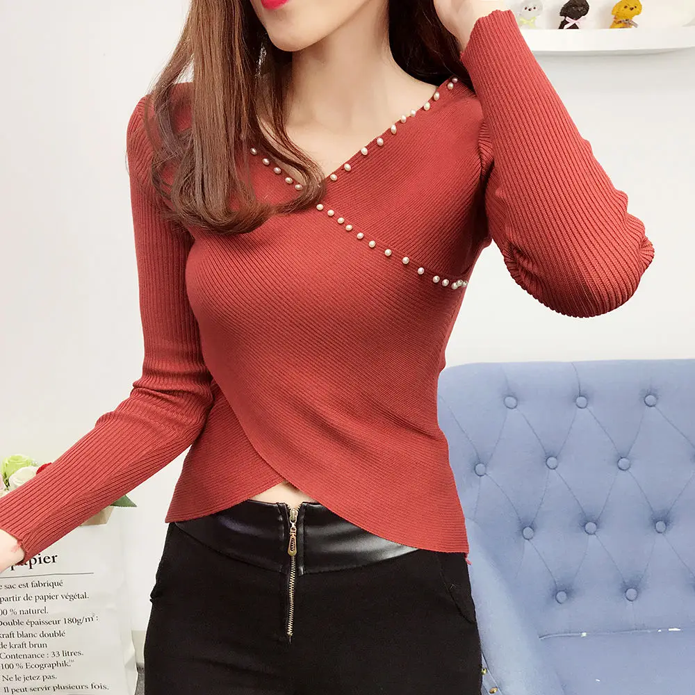 

Woman Sweaters Beaded V-neck Irregular Cross Midriff-Baring Knitted Sweater Women's Top Sweater Femme Chandails Pull Hiver