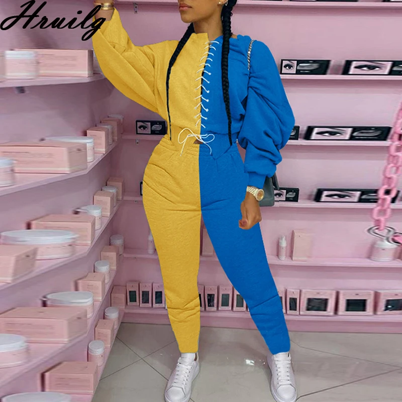 

Fashion Two Piece Set Women Tracksuit Suit Color Matching Casual Long Pants Eyelet Lace-Up Crop Tops Set Club Outfits for Women