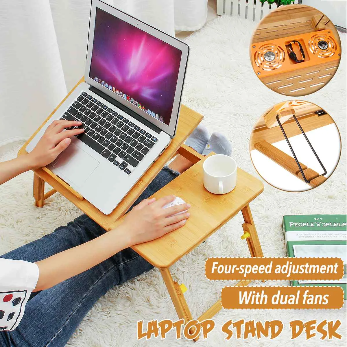 

Adjustable Bamboo Computer Stand Laptop Desk 2Cooler Fans Drawer Notebook Desk For Bed Sofa Bed Tray Picnic Table Studying Table