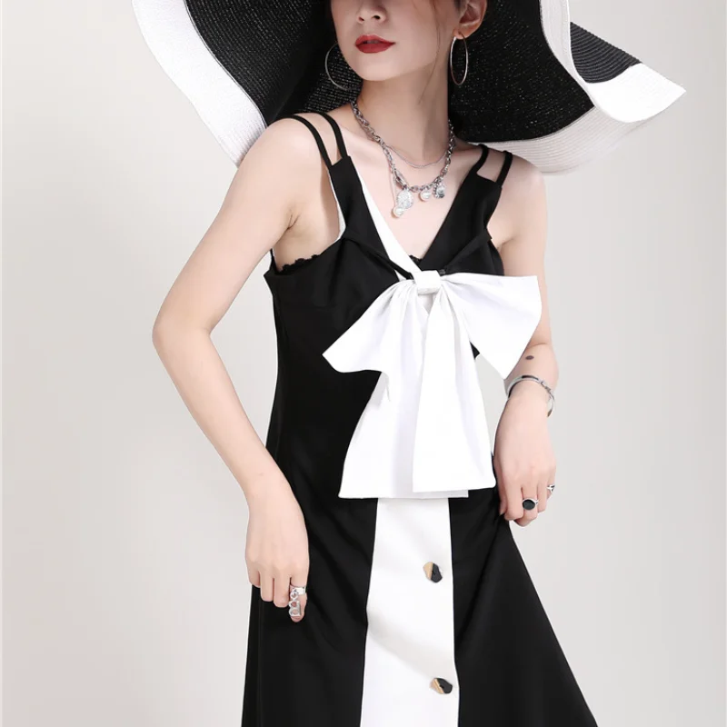 

2021 Summer Women's Mini Dress Contrast Color Big Bow Suspender Dress
