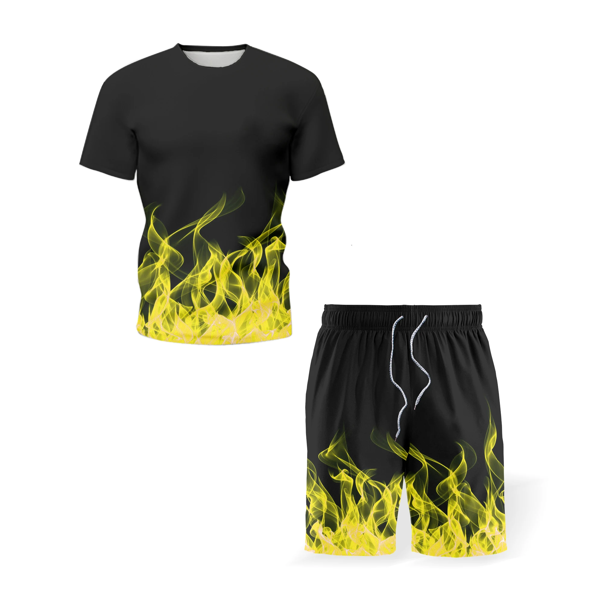 

New men's short-sleeved sets T-shirt sportswear loose flame adult juvenile shirt shorts sets