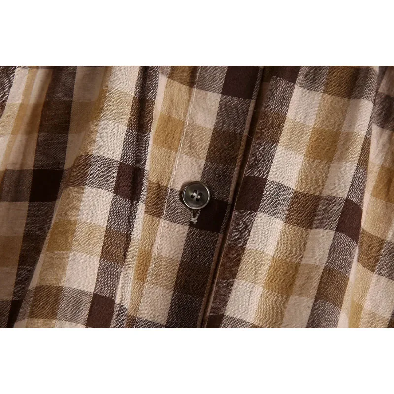 

Women Fashion Chic Ruffles Turn-down Collar Plaid Cropped Blouse Vintage Long Sleeve Button-up Shirts