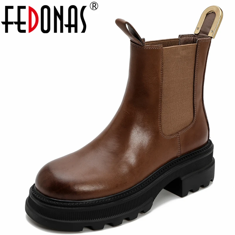 

Женские ботильоны с круглым носком FEDONAS, Классические повседневные ботильоны из натуральной кожи на толстом каблуке, сезон осень-зима, ново...