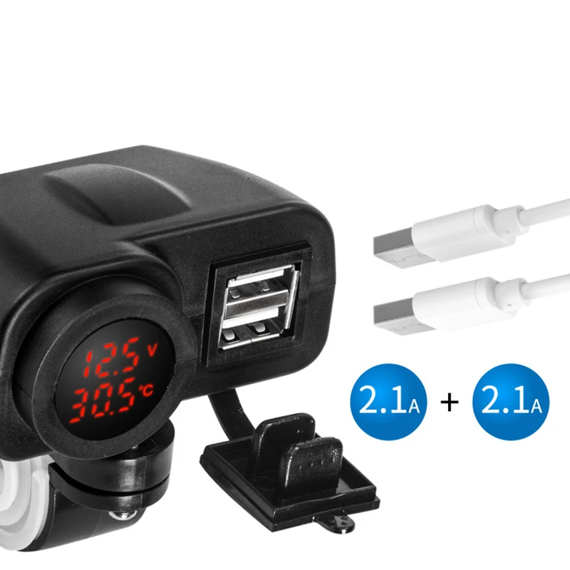 

7/8" 22mm Motorcycle Handlebar Waterproof 12V Digital Display Motorcycle Dual USB Charger Voltmeter Thermometer for Cell Phone