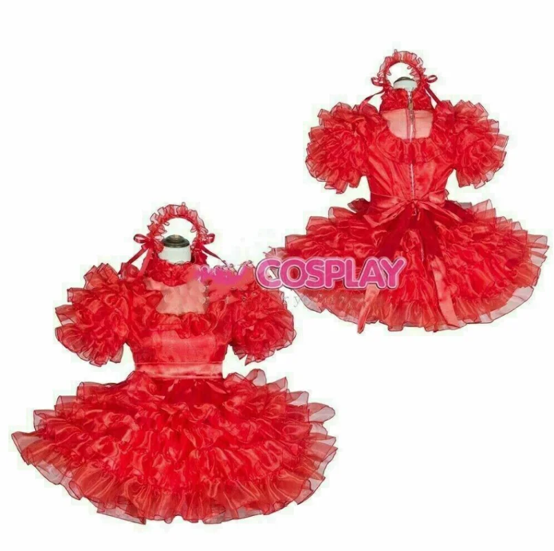 

Hot selling red satin / Organza Mini sissy Maid Dress dress custom dress