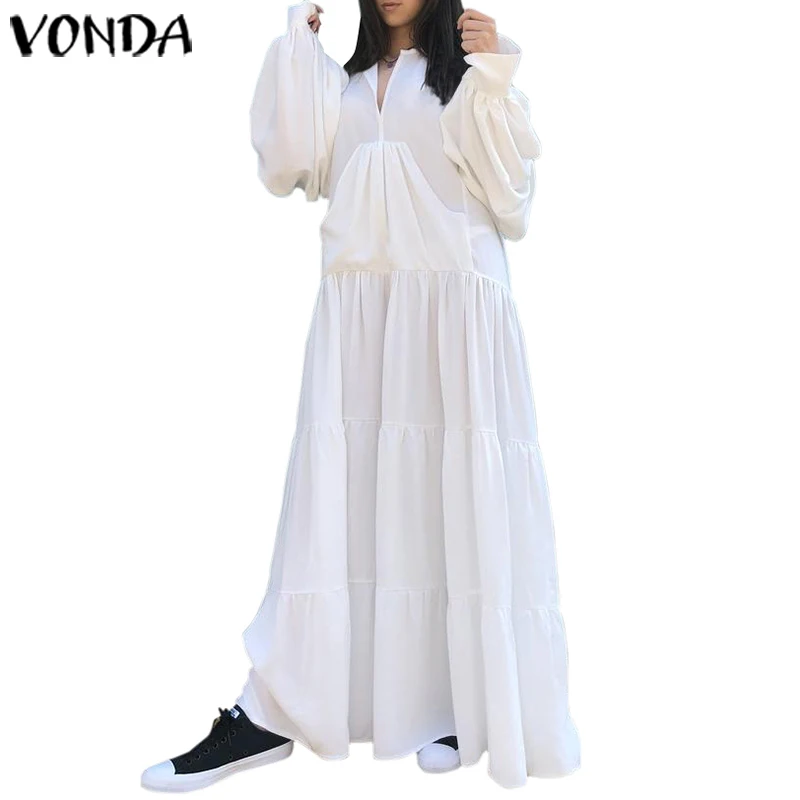 VONDA, винтажное макси платье,, женское, сексуальное, v-образный вырез, одноцветные платья размера плюс, богемный стиль, Vestidos Femme, для вечеринки, сарафан, 5XL Robe - Цвет: Белый