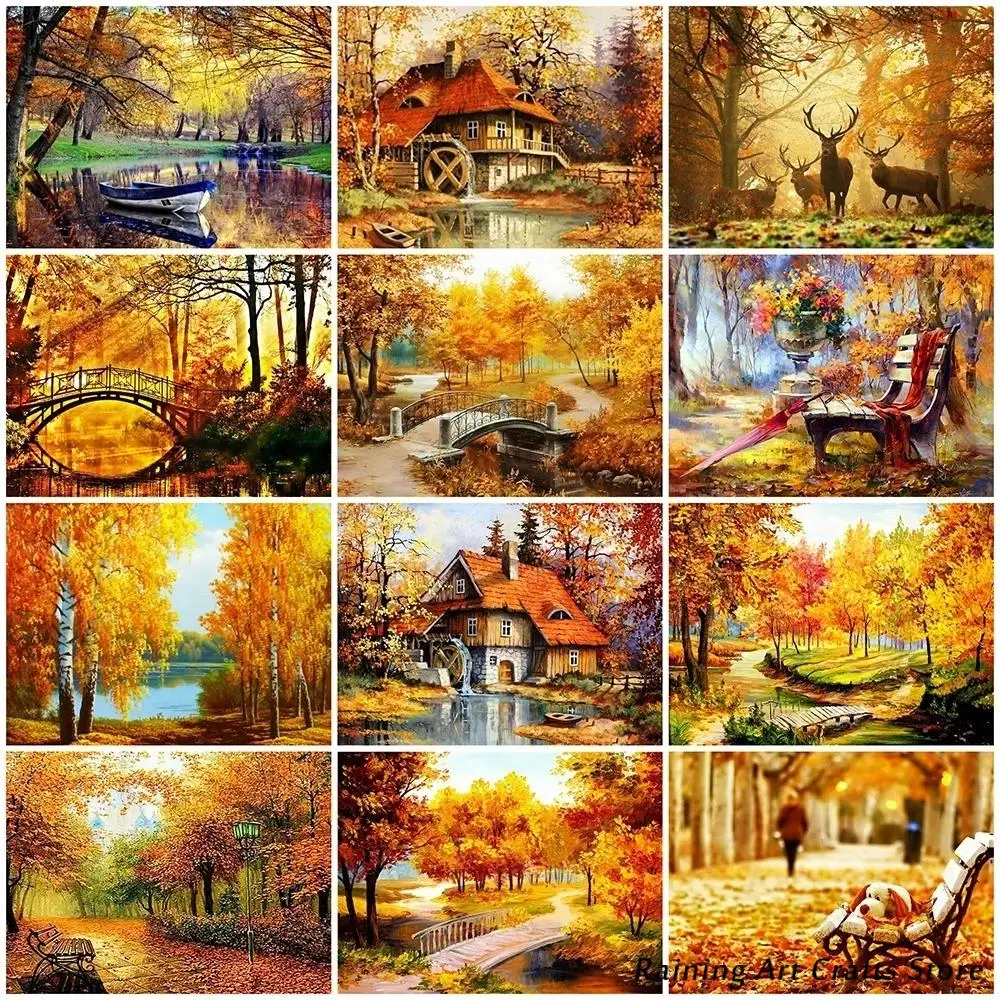 

5D Diy Diamond Painting Full Square Round Drill Rhinestone Embroidery Autumn Deciduous Landscape Mosaic Pictures Home Decor