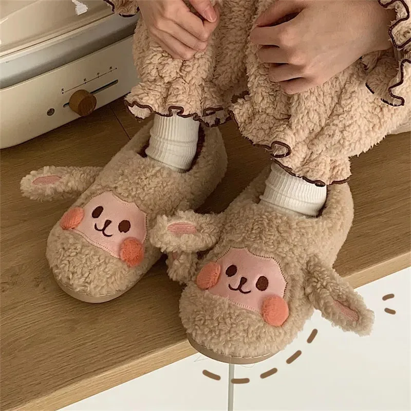 

Cute Cartoon Animal Women Winter Warm Plush Fur Dog Slippers High Quality Non-Slip Home Fluffy Slides Indoor Cotton House Shoes