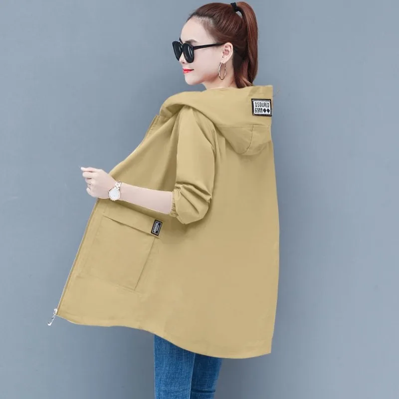 

Fdfklak Jacket Women's Trendy Ins Autumn Plus Size Windbreaker Top Mid-Length Middle Aged Mother Loose Hooded Trench Coat L-5XL