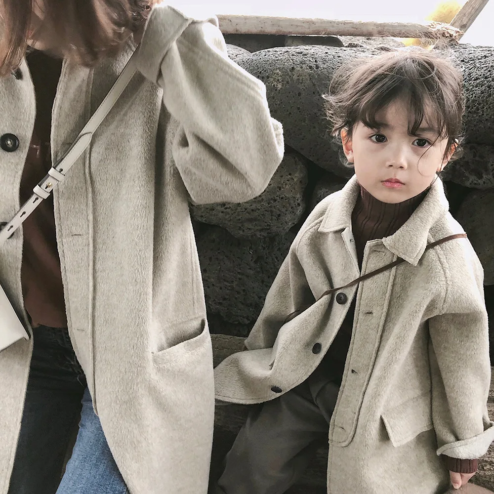 

Длинные шерстяные куртки для детей 2-7 лет и мам, модная эксклюзивная одежда на весну и осень, школьный тренчкот, Повседневная прямая верхняя ...