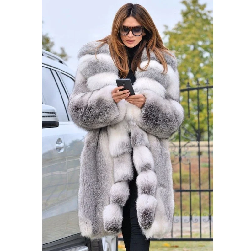 Real Cross Fox Fur Coats with Big Turn-down Collar Thick Warm Winter Fashion Fox Fur Outwear Women Trendy Natural Fur Overcoat