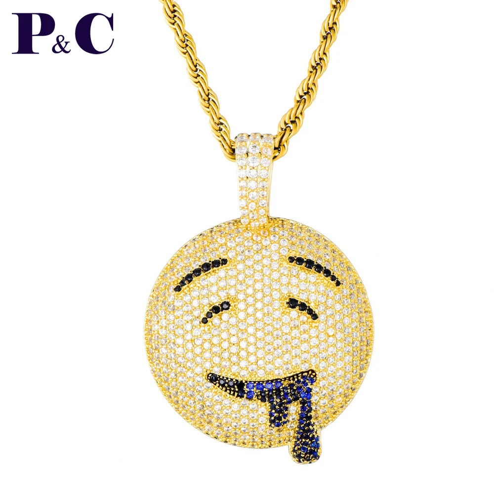 Drool Round Face Pendant With Tennis Chain Iced out Charm Bling Cubic Zircon Men's Hip hop Necklace Rock Jewelry | Украшения и