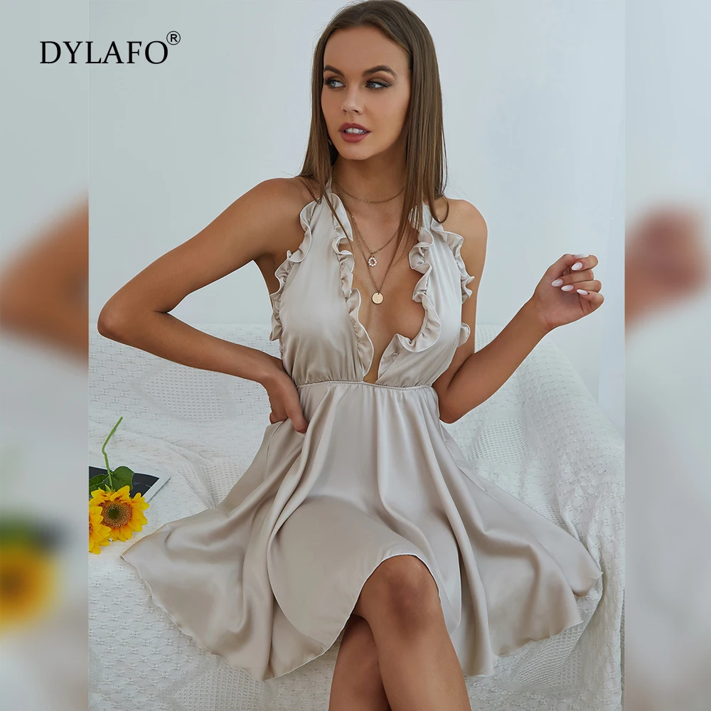 

Sexy Deep V-neck Ruched Ruffles Loose Dress Women 2021 Summer Backless Mini Dress Ladies Sexy Party Strap Halter Vestido