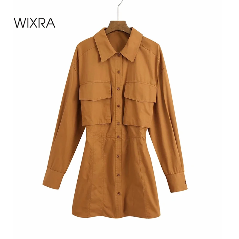 

Wixra Full Sleeve Dress Womens Turn-down Collar Big Pockets Short Dresses Back Hollow Out Shirts Clothes Summer
